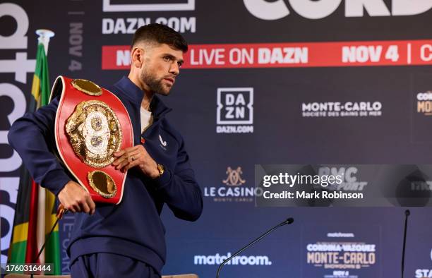 Joe Cordina during a press conference today ahead of IBF Super-Featherweight World Title fight at Casino de Monte-Carlo on November 2, 2023 in...