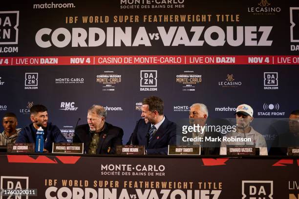Joe Cordina speaks to Eddie Hearn during a press conference today ahead of IBF Super-Featherweight World Title fight at Casino de Monte-Carlo on...