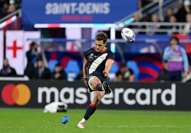 Nicolas Sanchez of Argentina kicks a penalty during the Rugby World Cup France 2023 Bronze Final match between Argentina and England at Stade de...