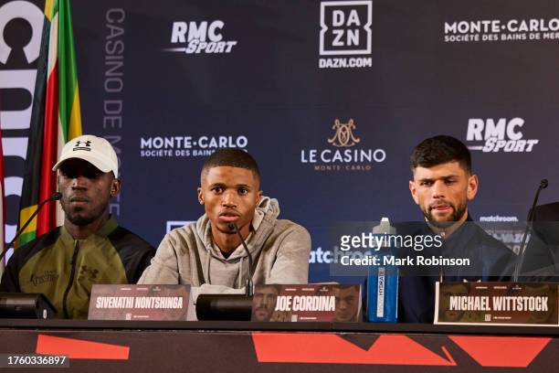 Sive Nontshinga during a press conference today ahead his IBF Light Flyweight Title fight at Casino de Monte-Carlo on November 2, 2023 in Monaco,...