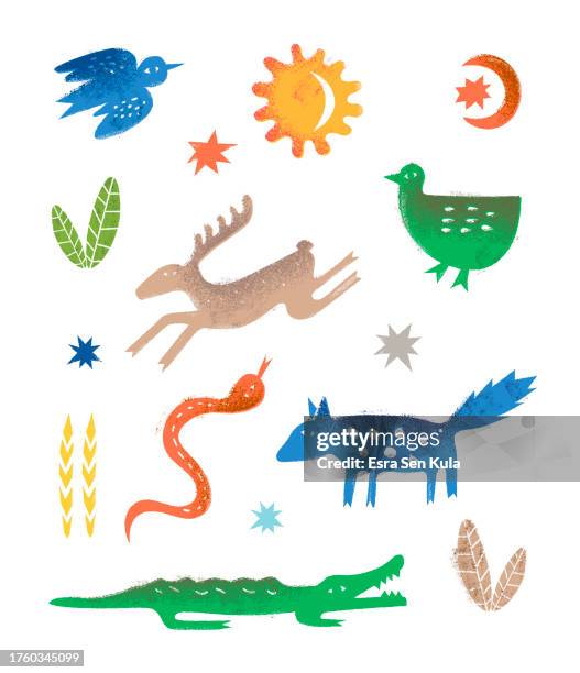 linocut style vector scandi animal figures bundle. - collect icon stock illustrations