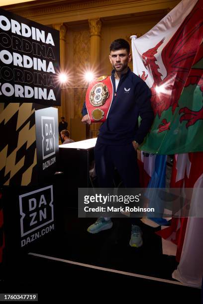 Joe Cordina poses for a portrait with his IBF Super-Featherweight World Title belt fight at Casino de Monte-Carlo on November 2, 2023 in Monaco,...