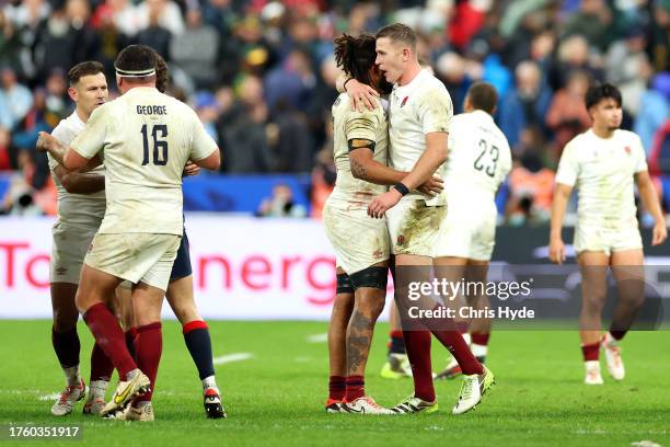 Maro Itoje and Freddie Steward of England celebrate victory at full-time following the Rugby World Cup France 2023 Bronze Final match between...