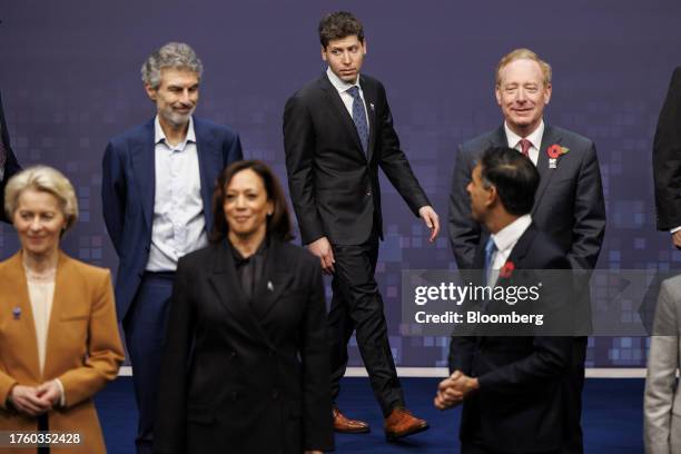 Sam Altman, chief executive officer of OpenAI, centre, for a family photo on day two of the AI Safety Summit 2023 at Bletchley Park in Bletchley, UK,...