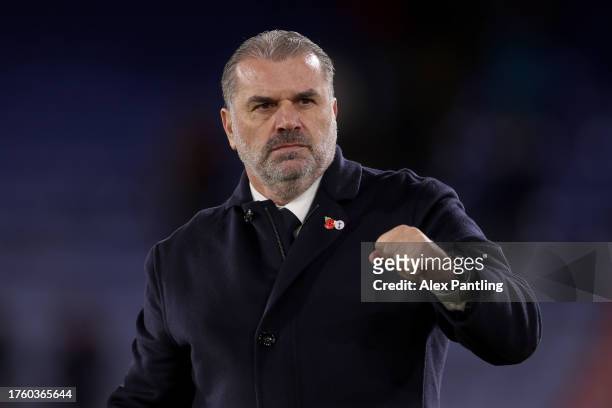 Ange Postecoglou, Manager of Tottenham Hotspur, celebrates towards the fans after the team's victory during the Premier League match between Crystal...