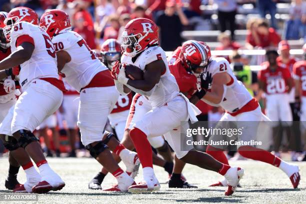 Kyle Monangai of the Rutgers Scarlet Knights runs the ball in the game against the Indiana Hoosiers at Memorial Stadium on October 21, 2023 in...