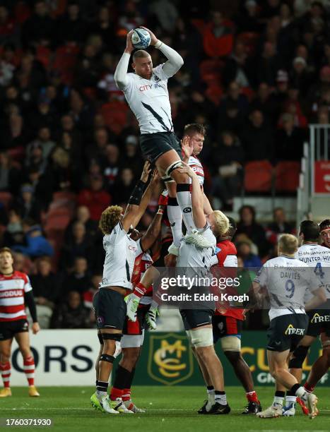 Nick Isiekwe of Saracens wins a lineout during the Gallagher Premiership Rugby match between Gloucester Rugby and Saracens at Kingsholm Stadium on...