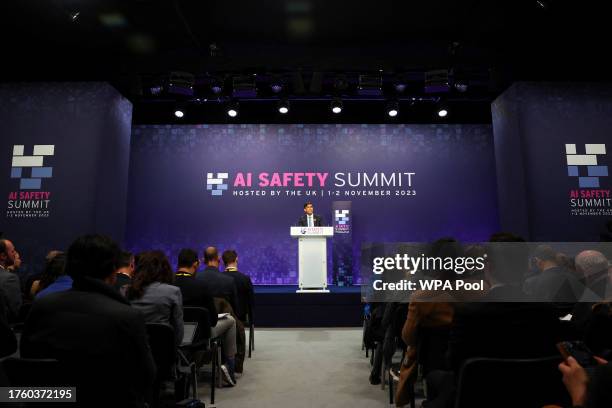 Britain's Prime Minister Rishi Sunak speaks during a closing press conference at the AI Safety Summit at Bletchley Park on November 2, 2023 in...