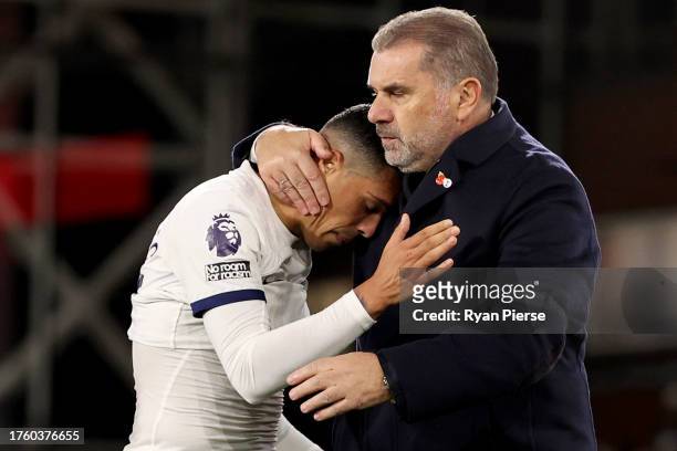 Pedro Porro and Ange Postecoglou, Manager of Tottenham Hotspur, embrace during the Premier League match between Crystal Palace and Tottenham Hotspur...