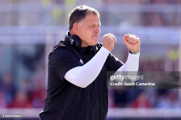 Head coach Greg Schiano of the Rutgers Scarlet Knights reacts in the game against the Indiana Hoosiers at Memorial Stadium on October 21, 2023 in...