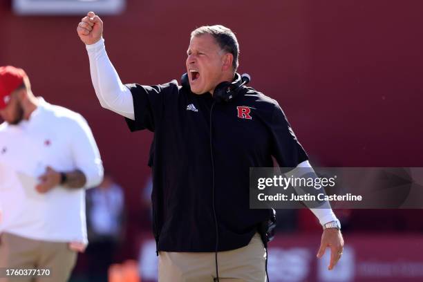 Head coach Greg Schiano of the Rutgers Scarlet Knights reacts in the game against the Indiana Hoosiers at Memorial Stadium on October 21, 2023 in...
