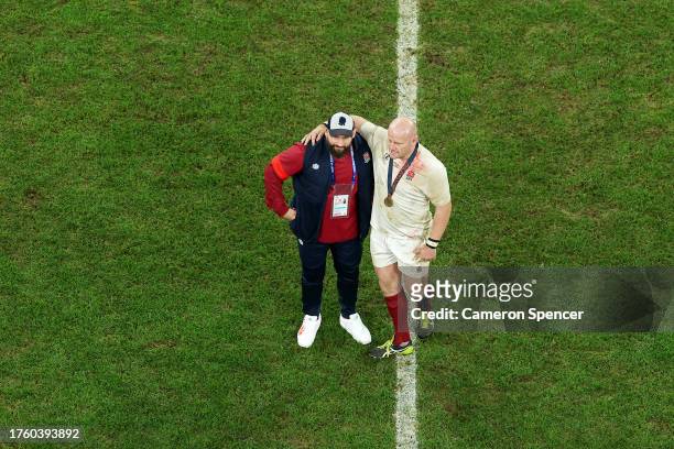 Dan Cole of England embraces teammate Joe Marler following the team's victory during the Rugby World Cup France 2023 Bronze Final match between...