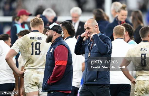 Steve Borthwick, Head Coach of England, celebrates with his Bronze medal following the team's victory during the Rugby World Cup France 2023 Bronze...