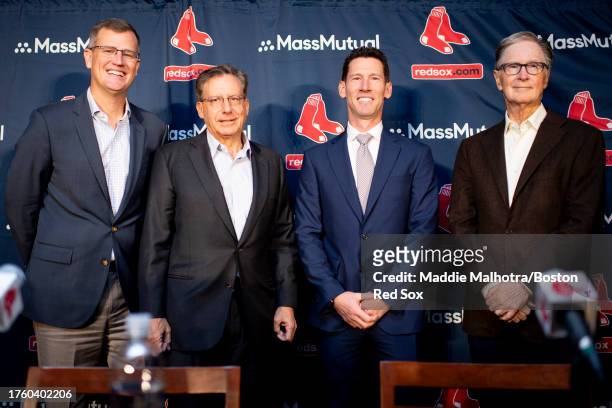 Boston Red Sox President & CEO Sam Kennedy, Boston Red Sox chairman Tom Werner, Craig Breslow, and Boston Red Sox Principal Owner John Henry pose for...