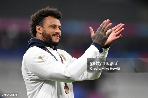Courtney Lawes of England applauds the fans with his Bronze medal following the team's victory during the Rugby World Cup France 2023 Bronze Final...