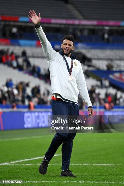 Courtney Lawes of England acknowledges the fans with his Bronze medal following the team's victory during the Rugby World Cup France 2023 Bronze...