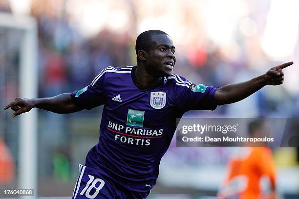 Frank Acheampong of Anderlecht celebrates after scoring a goal during the Jupiler League match between RSC Anderlecht and KAA Gent held at the...