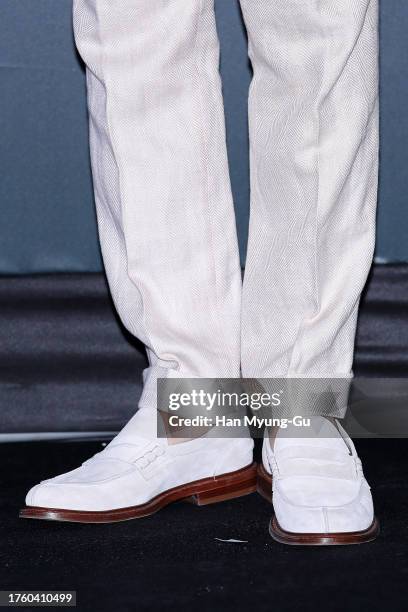 South Korean actor Lee Jin-Wook, shoe detail, is seen at the AMORE PACIFIC 'Odyssey Chapter V' launch photocall on October 27, 2023 in Seoul, South...