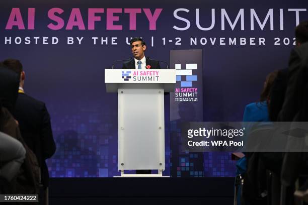 Britain's Prime Minister Rishi Sunak speaks during a closing press conference at the AI Safety Summit at Bletchley Park on November 2, 2023 in...