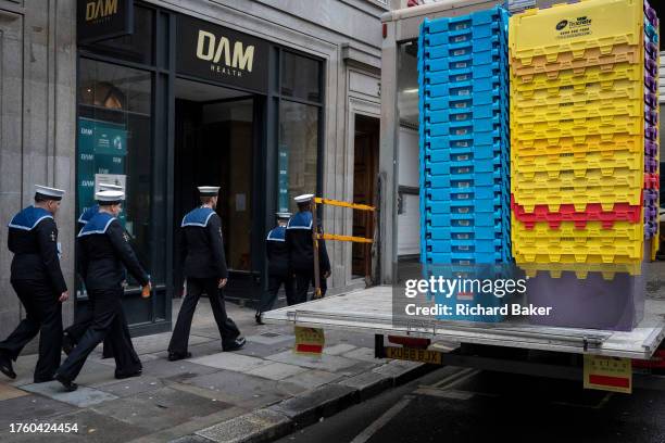 Ahead of Remembrance Day, members of the British Royal Navy are in the City to collect donations for the Royal British Legion's Poppy Appeal, in the...