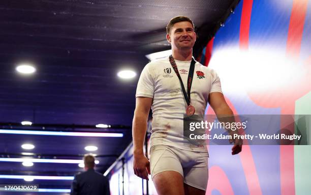 Ben Youngs of England walks through the players tunnel at full-time following their team's victory in the Rugby World Cup France 2023 Bronze Final...