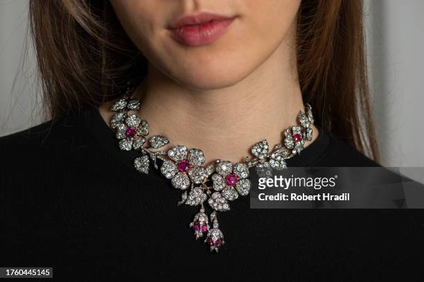 The Ruby and diamond necklace Kochert circa 1890-1895 is displayed during the Sotheby's Geneva Luxury Week press call on November 2, 2023 in Geneva,...