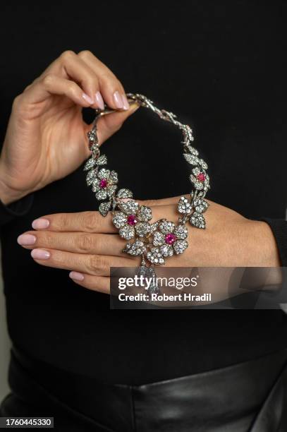 The Ruby and diamond necklace Kochert circa 1890-1895 is displayed during the Sotheby's Geneva Luxury Week press call on November 2, 2023 in Geneva,...