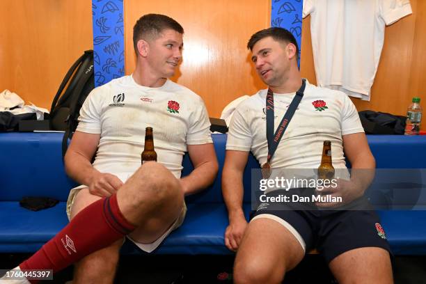 Owen Farrell and Ben Youngs of England celebrate victory in the England dressing room following the Rugby World Cup France 2023 Bronze Final match...