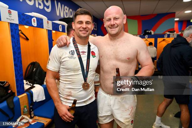 Ben Youngs and Dan Cole of England pose for a photo inside the England dressing room following the Rugby World Cup France 2023 Bronze Final match...