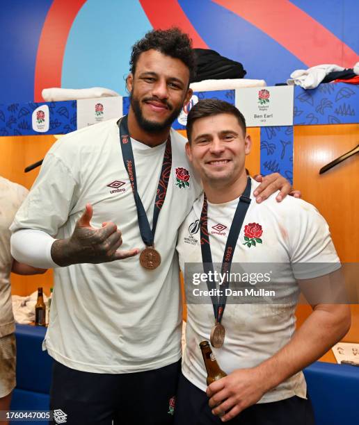 Courtney Lawes and Ben Youngs of England pose for a photo inside the England dressing room following the Rugby World Cup France 2023 Bronze Final...