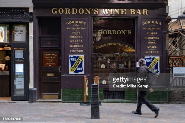Exterior sign for Gordon's Wine Bar on Villiers Street on 16th October 2023 in London, United Kingdom. This is the famous basement wine bar loved by...