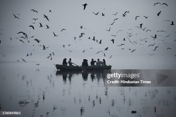 Man sitting in a boat feeds seagulls on the Yamuna River in Heavy smog as Air pollution rises in Capital/NCR on November 2, 2023 in New Delhi, India....