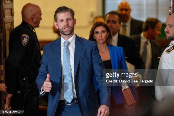 Eric Trump steps out for a lunch break during his testimony at former President Donald Trump's civil fraud trial on November 02, 2023 in New York...