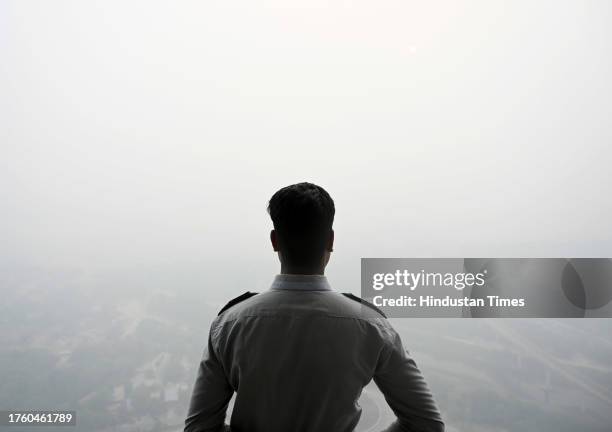 View of the city in smog amid rising air pollution levels, on November 2, 2023 in Noida, India. The Air Quality Index remained in the "very poor"...