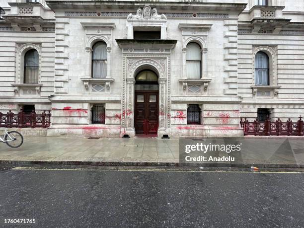 The Foreign Office building in London was targeted Thursday by activists who wrote 'Britain is guilty' on it in blood-red paint on the 106th...