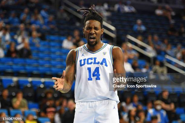 Bruins forward Kenneth Nwuba reacts to a call during a college basketball exhibition game between the Cal State Dominguez Hills Toros and the UCLA...