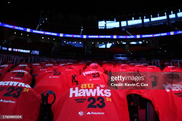 General view of opening night t-shirts are laid out on seats prior to the game between the Atlanta Hawks and New York Knicks at State Farm Arena on...