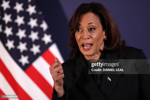 Vice President Kamala Harris speaks at press conference during the UK Artificial Intelligence Safety Summit at Bletchley Park, in central England, on...