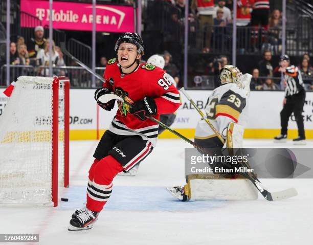 Connor Bedard of the Chicago Blackhawks celebrates his first-period goal against Adin Hill of the Vegas Golden Knights during their game at T-Mobile...