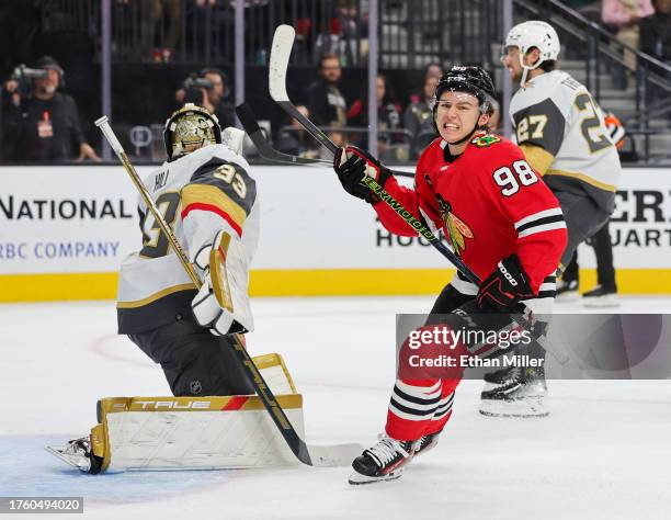 Connor Bedard of the Chicago Blackhawks celebrates his first-period goal against Adin Hill of the Vegas Golden Knights during their game at T-Mobile...