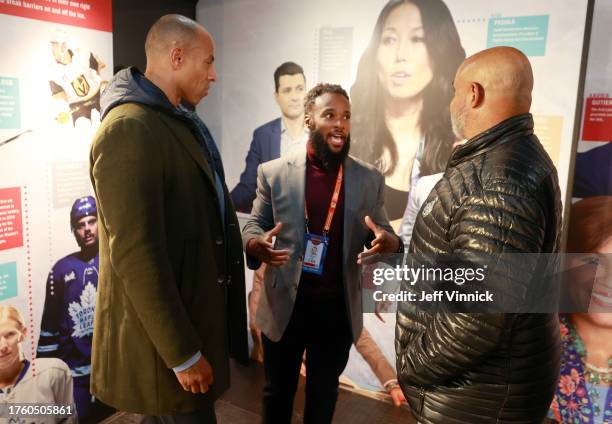 Community Development and Industry Growth Vice President, Jeff Scott, and Sportsnet broadcaster, David Amber, talk to NHL Alumni Grant Fuhr in the...