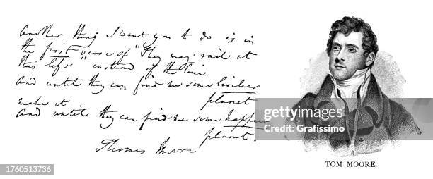 thomas moore irish poet portrait with handwritten text and signature - written by thomas moore stock illustrations