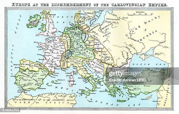 ilustraciones, imágenes clip art, dibujos animados e iconos de stock de mapa de europa del siglo xxi vintage 9-carolingian empire - imperio