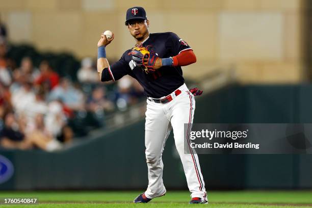 Jorge Polanco of the Minnesota Twins throws the ball to first base to get out Bo Naylor of the Cleveland Guardians in the sixth inning at Target...