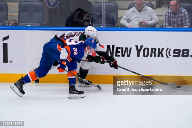 New York Islanders Defenseman Alexander Romanov and Arizona Coyotes Left Wing Michael Carcone chase the puck during the first period of the National...