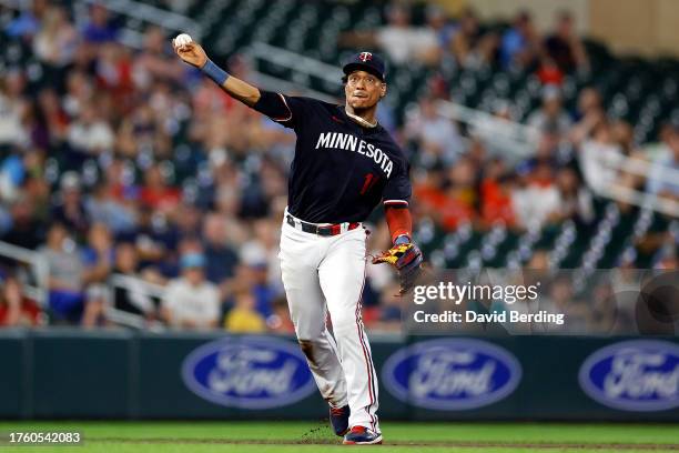 Jorge Polanco of the Minnesota Twins throws the ball to first base to get out Gabriel Arias of the Cleveland Guardians in the eighth inning at Target...