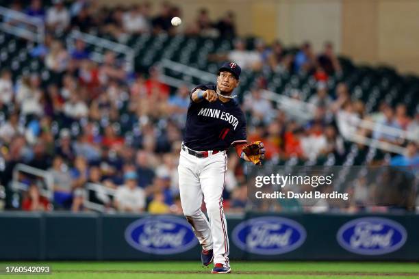 Jorge Polanco of the Minnesota Twins throws the ball to first base to get out Gabriel Arias of the Cleveland Guardians in the eighth inning at Target...