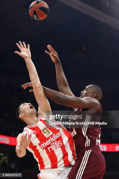 Luka Mitrovic of Crvena Zvezda Meridianbet Belgrade competes against Serge Ibaka of FC Bayern Munich during the 2023/2024 Turkish Airlines...