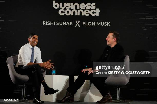 Britain's Prime Minister Rishi Sunak attends an in-conversation event with X CEO Elon Musk in London on November 2 following the UK Artificial...