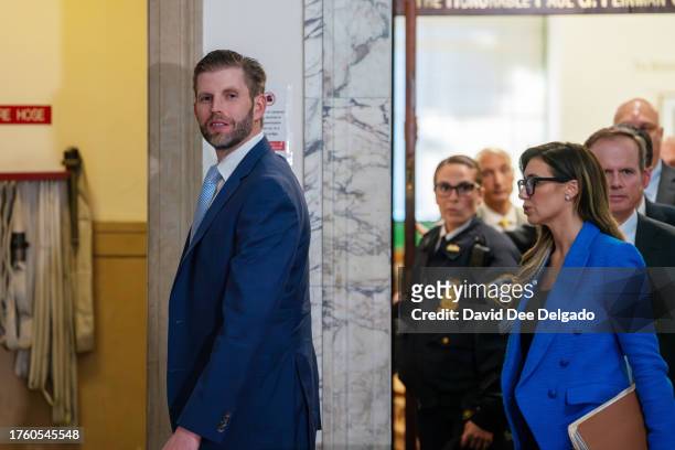 Eric Trump departs from the first day of testifying at former President Donald Trump's civil fraud trial on November 02, 2023 in New York City....